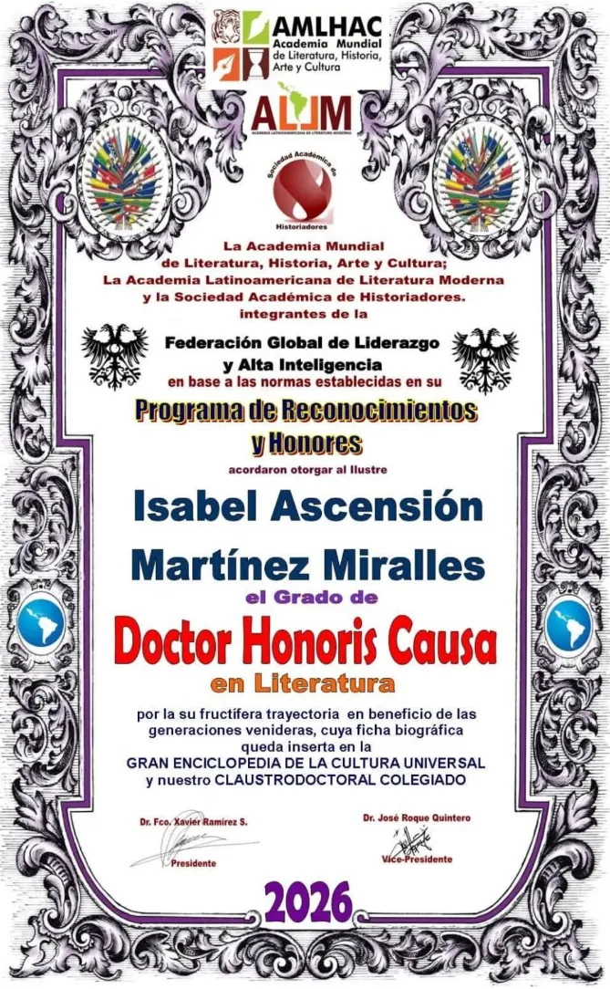 Isabel Ascensión M. Miralles: Una Vida Consagrada a las Letras, los Valores y el Humanismo -DOCTORA HONORIS CAUSA EN LITERATURA 2026
